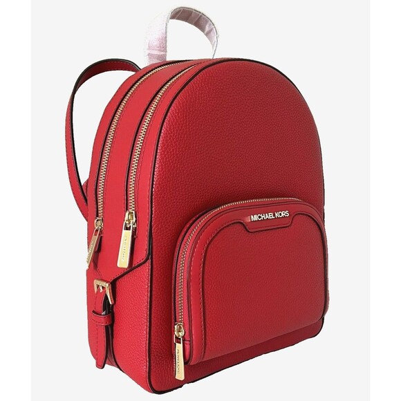 New Michael Kors Jaycee Medium Zip Pocket Backpack Leather Bright Red - Picture 2 of 5